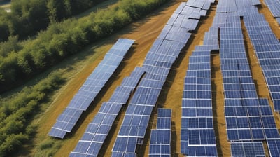 Rows of solar panels are arranged in a diagonal pattern across a green field. The panels are uniformly spaced and cover a large area, emphasizing renewable energy and sustainability.