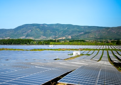 A vast field of solar panels arranged in rows, surrounded by lush greenery and set against a backdrop of rolling hills and a clear blue sky. The solar panels are evenly distributed, indicating a large-scale solar power plant.